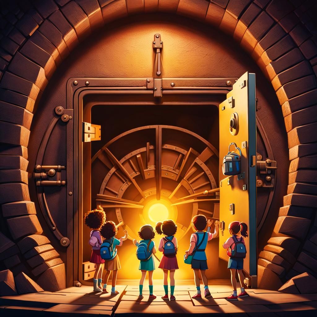 Adventurous Kids Discover Mysterious Vault Door Cartoon