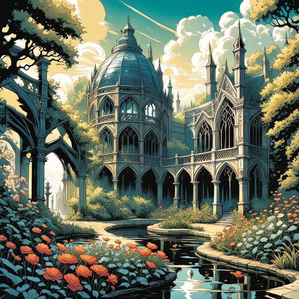 Lush Victorian Garden in Bright Sunlight: Comic Book Art