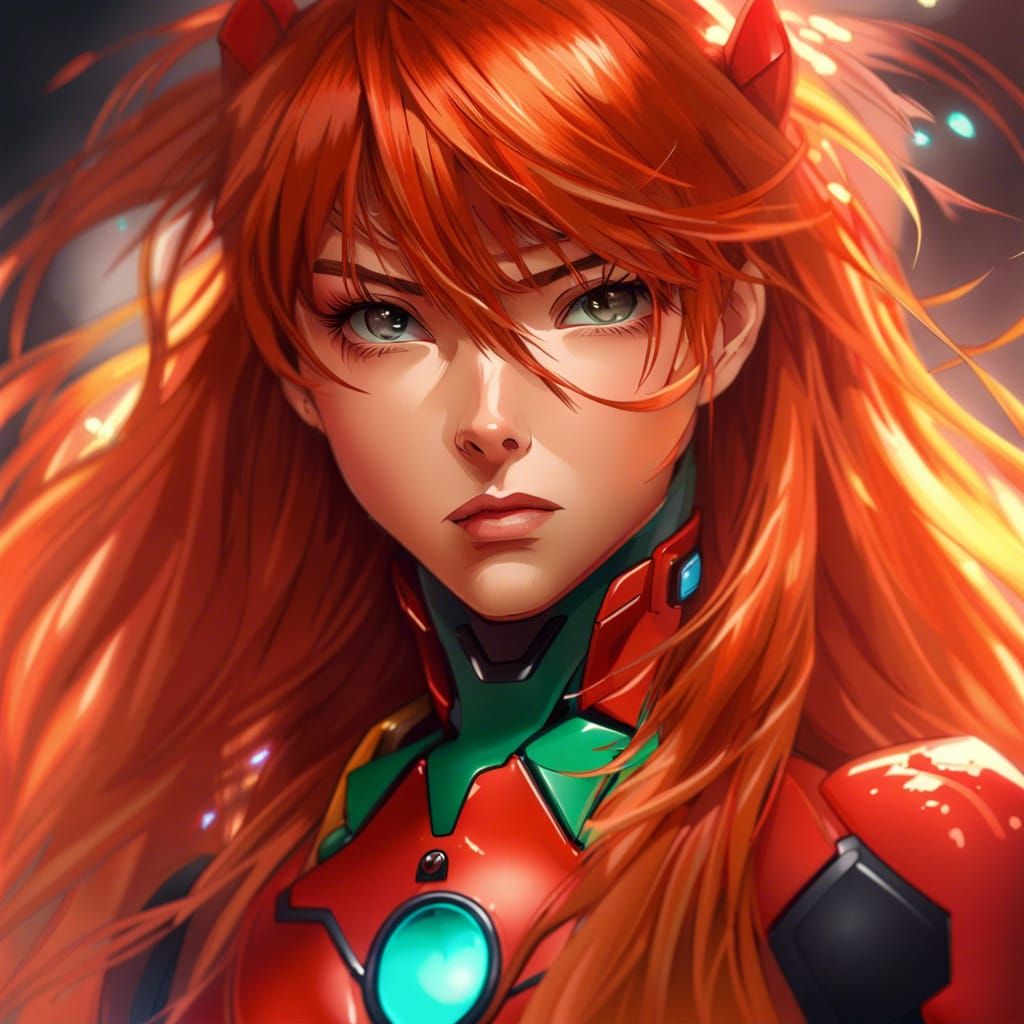 Asuka Langley Portrait in Eva Bodysuit, Detailed Digital Art