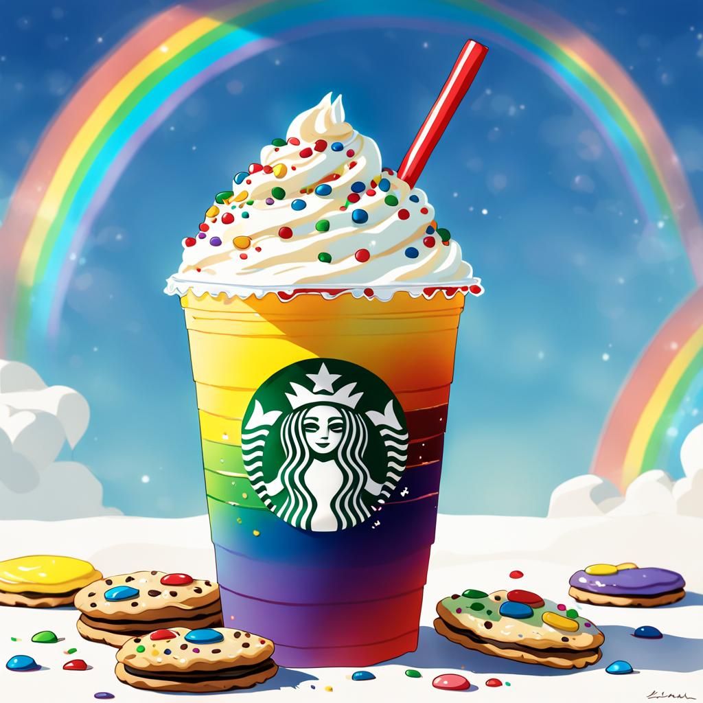 Rainbow Starbucks Drink in Anime Style