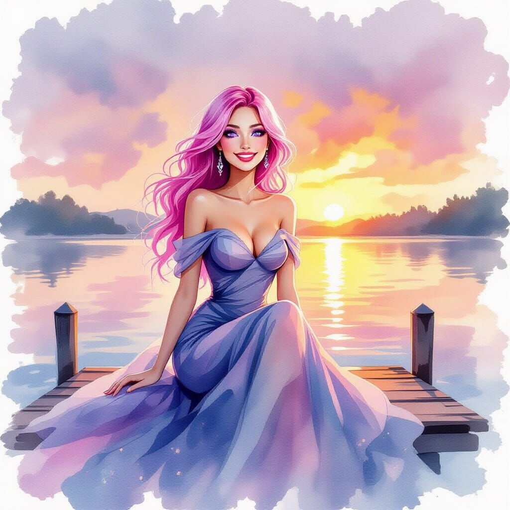 Pink-Haired Woman on Dock in Watercolor Style