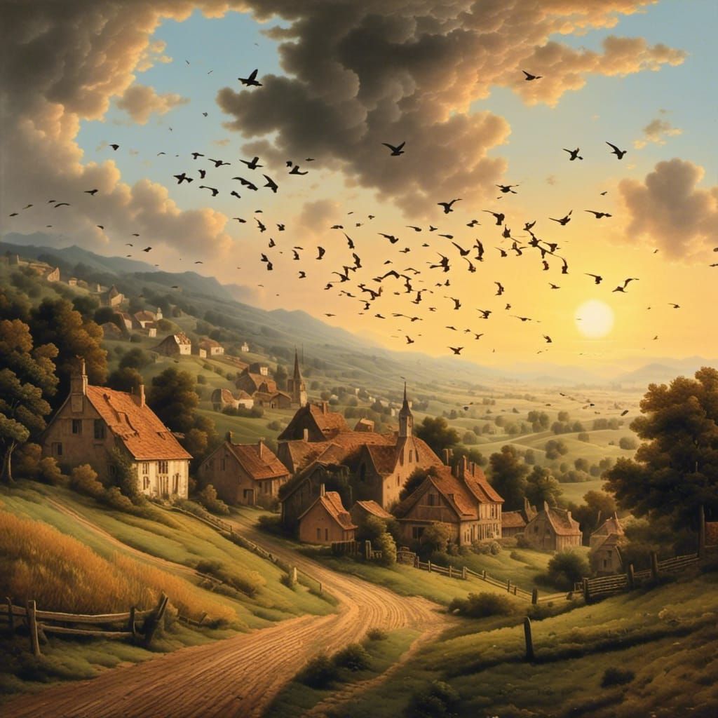 Hilly Landscape with Village in Matte Painting Style
