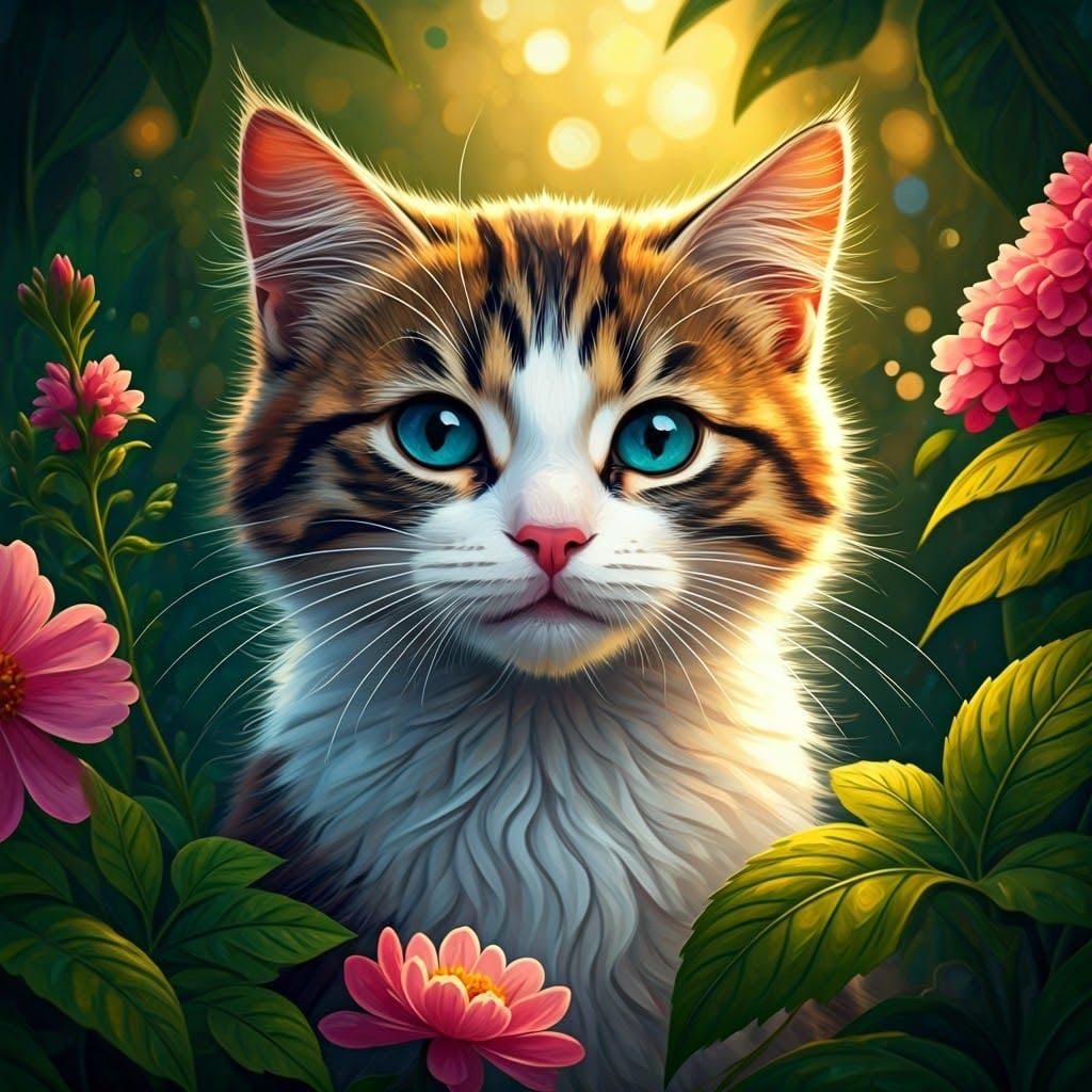 Impressionist Cats in Lush Floral Landscape