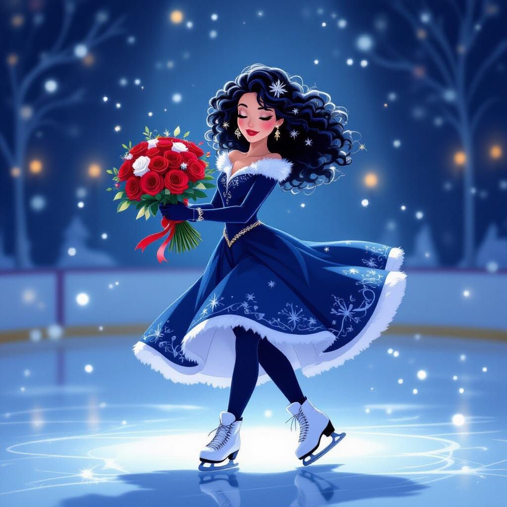 Woman Ice Skating with Roses in Storybook Style