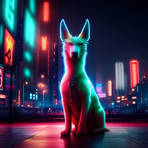 Neon Dragon-Dog Portrait in a Neon City