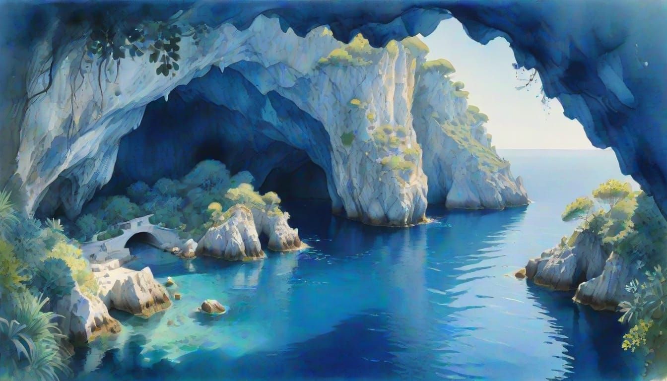 Blue Grotto Capri Watercolor Painting with Dynamic Lighting