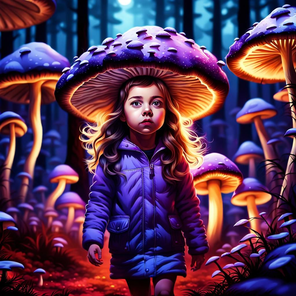 Surprised Girl in a Bioluminescent Mushroom Forest