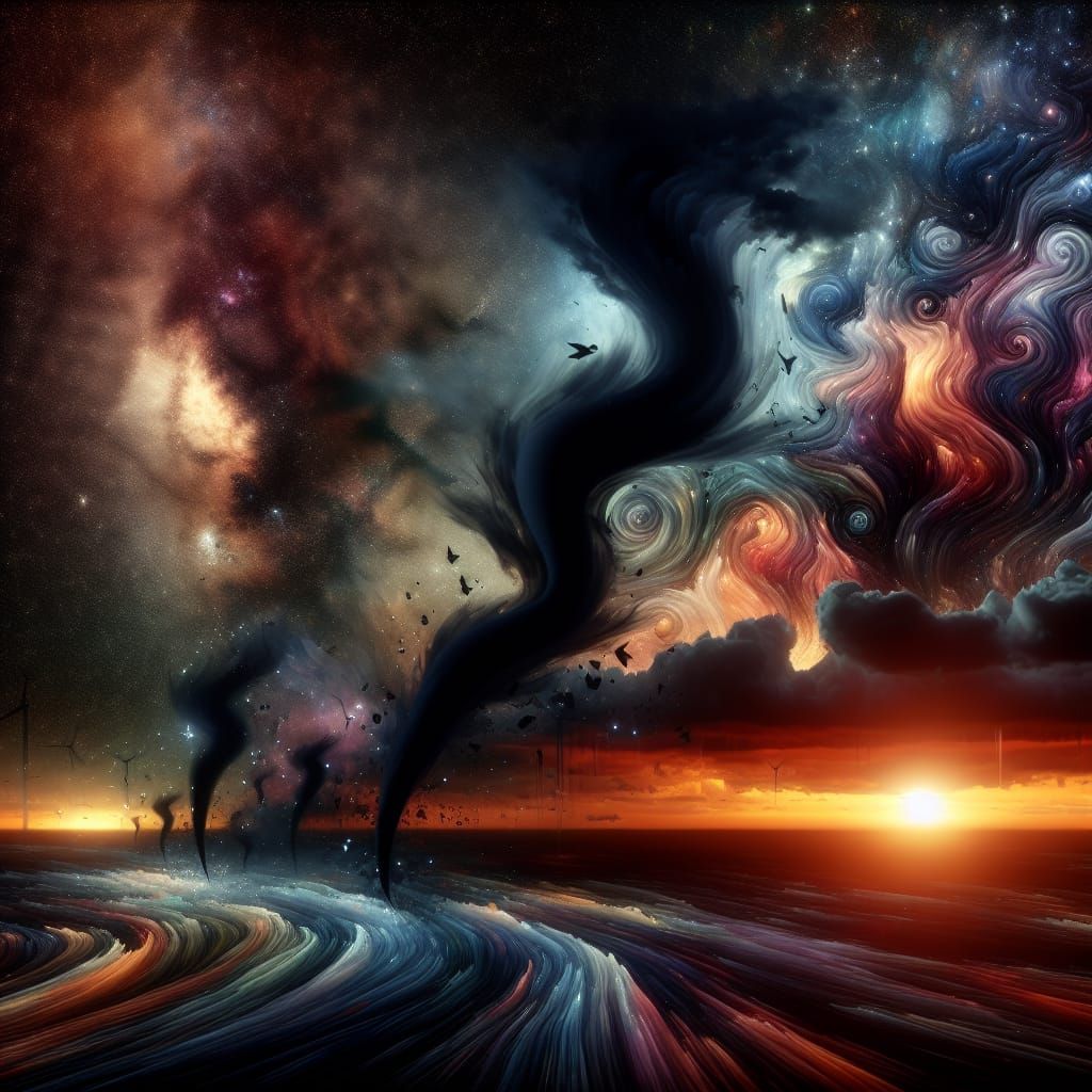 Hyperrealistic Tornado Silhouette Against Dark Sunset Galaxy