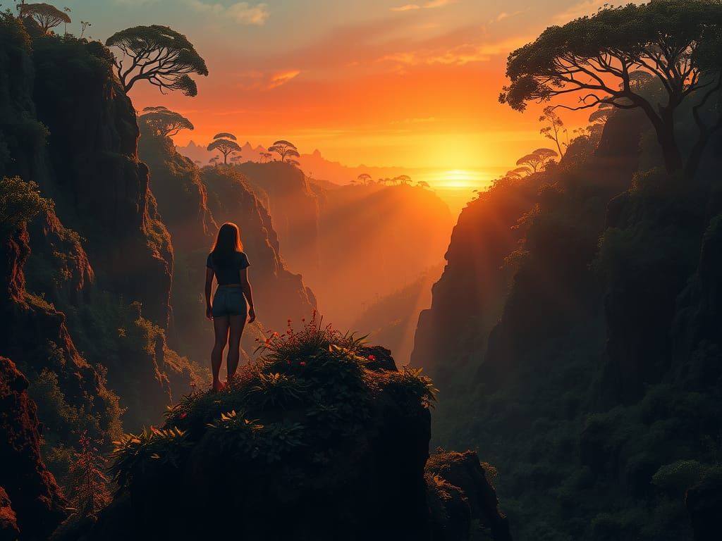 Ethereal Woman in Glowing Landscape, Digital Art