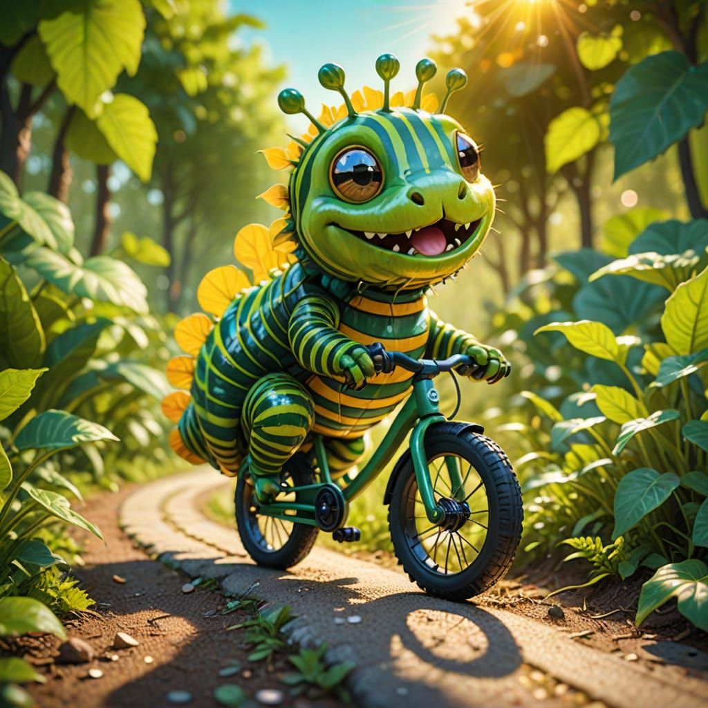 Excited Caterpillar Rides Bike in Vibrant Digital Art