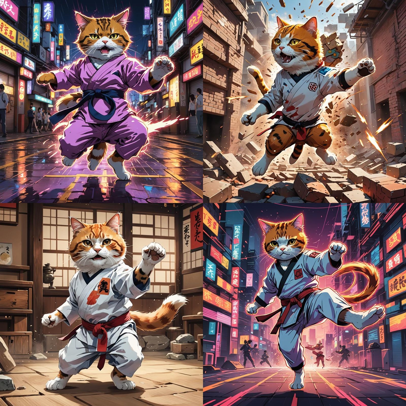 Karate Cat Anime Manga Illustration in Cel-Shaded Style