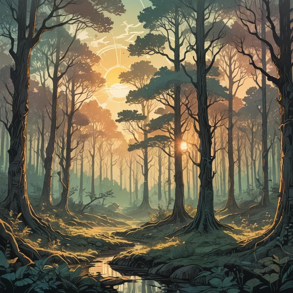 Mystical Forest Clearing in Retro Fantasy Art