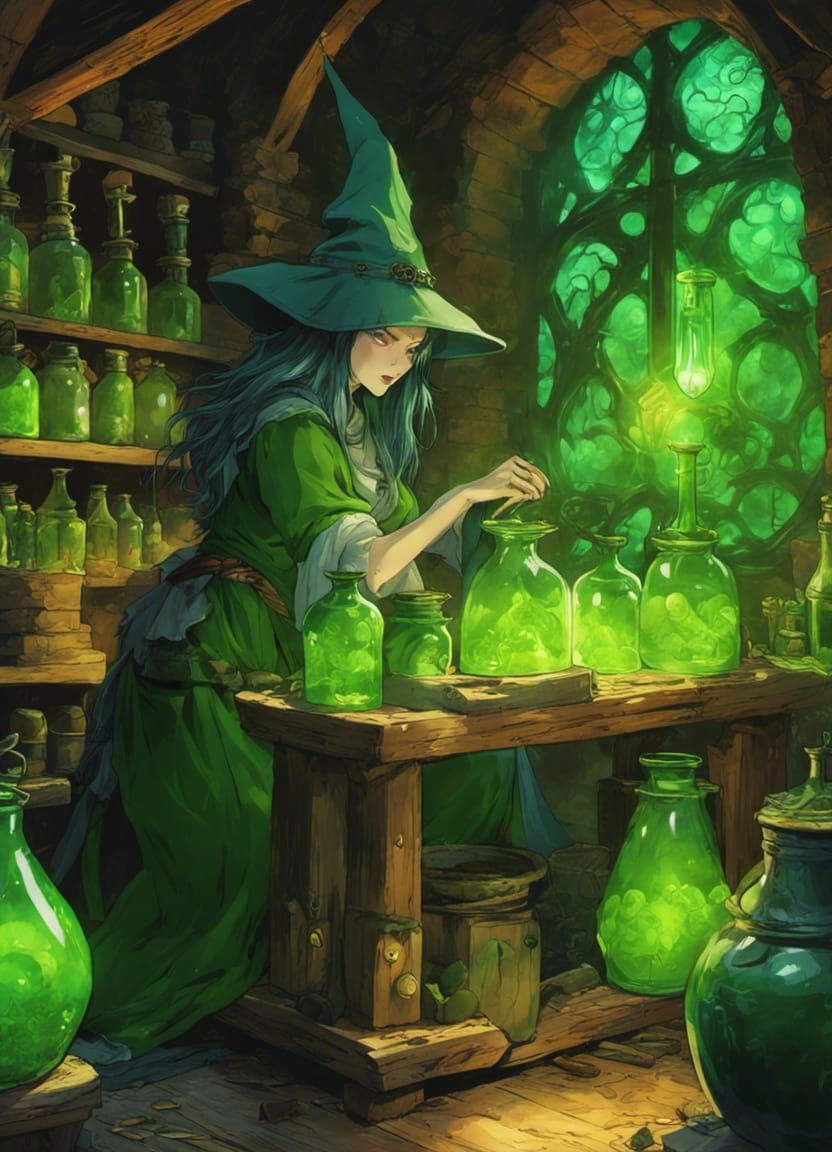 Cute Demon Witch Mixing Potions in Dungeon