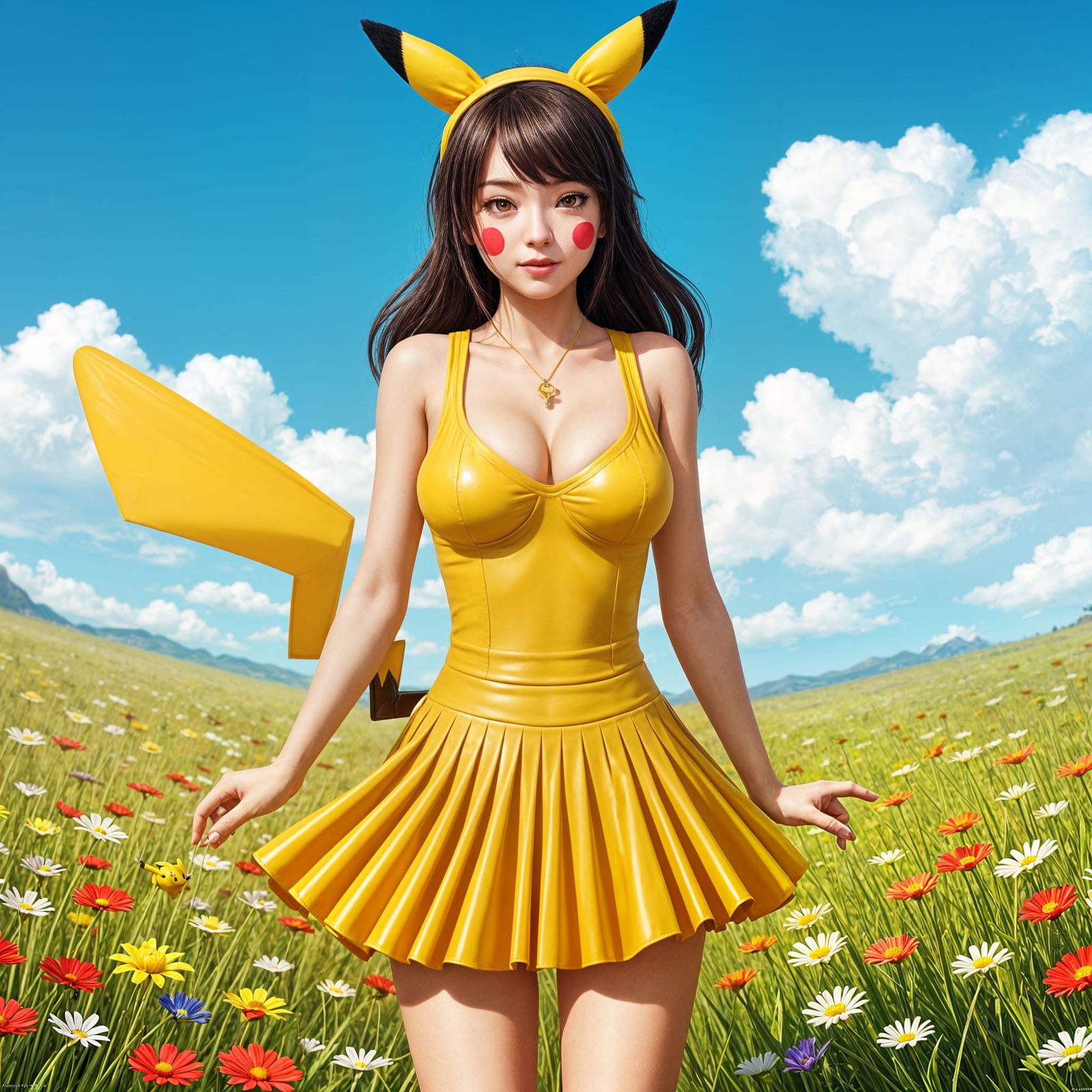 Joyful Pikachu Inspired Anime Woman in a Meadow