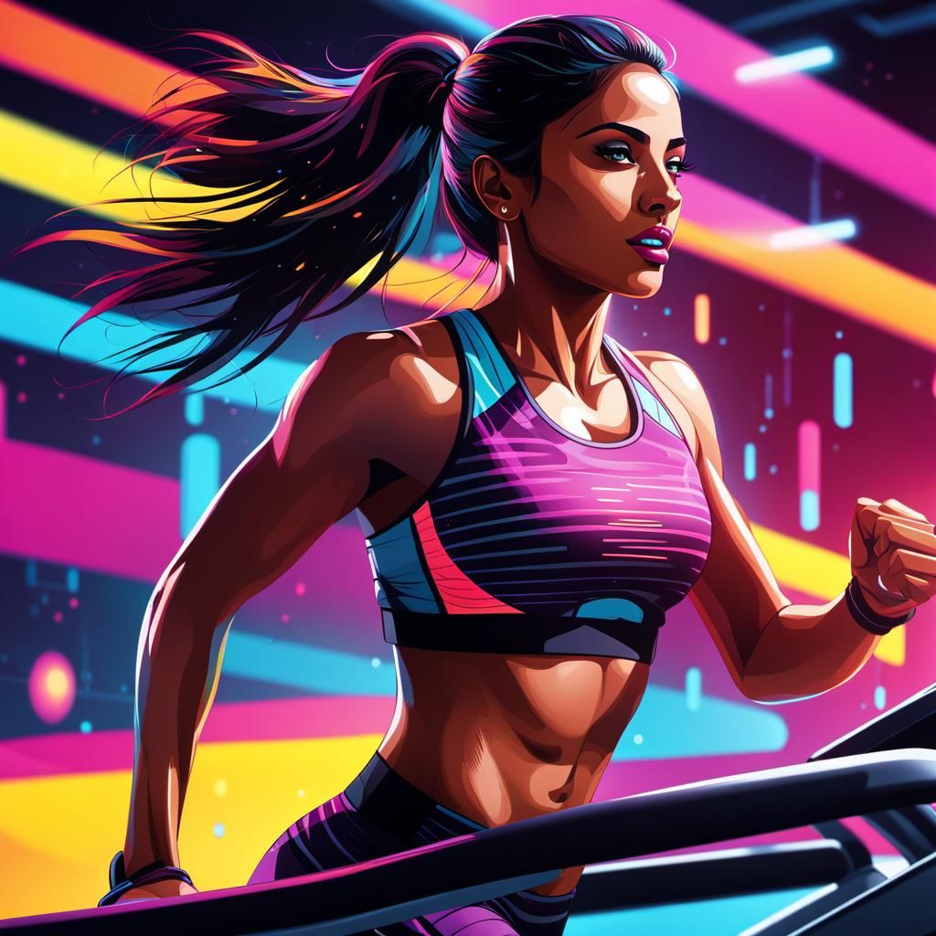 Indian Woman Running on Treadmill: Vibrant Digital Art