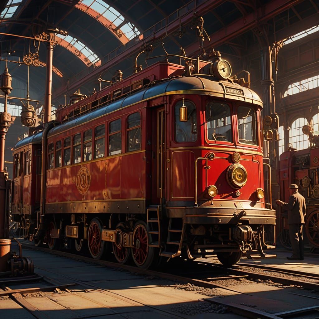 Steampunk Tram Repair at Night
