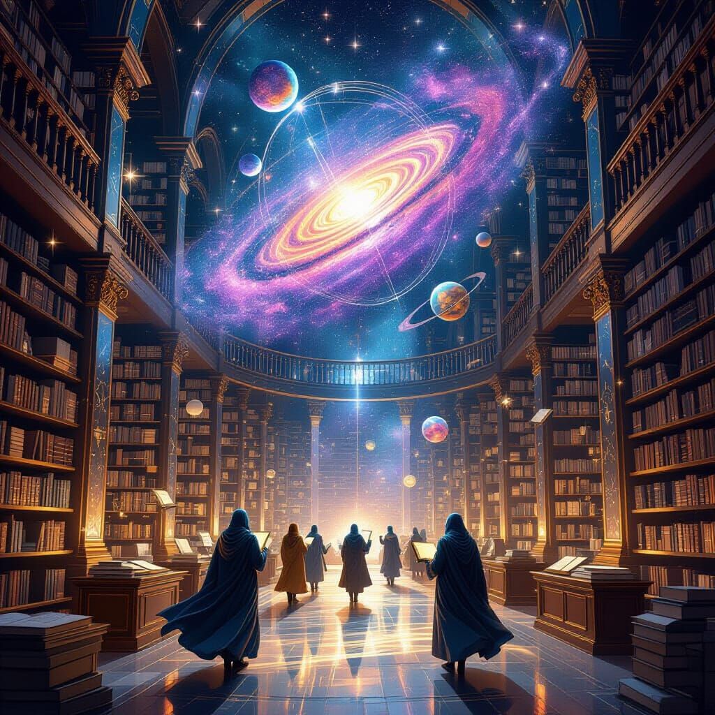 Cosmic Crystal Library with Celestial Scholars and Orrery