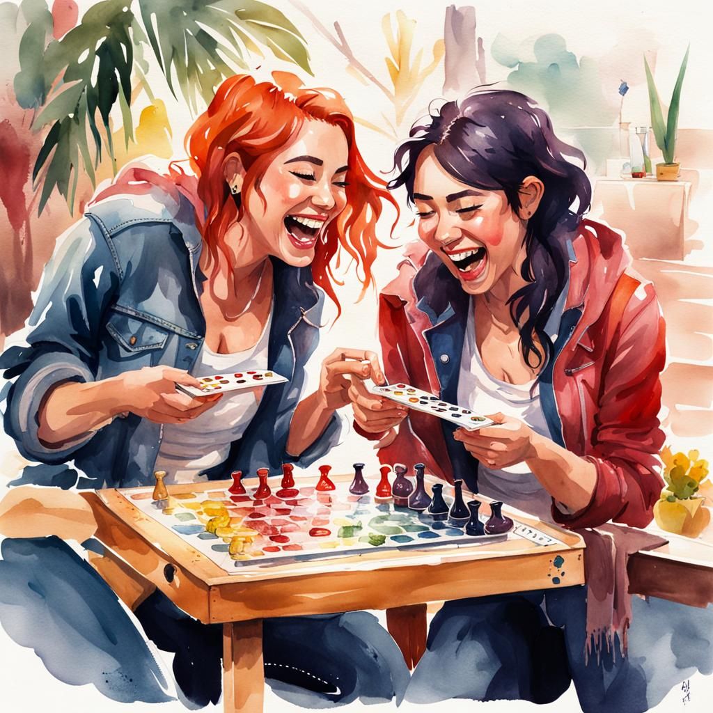 Lesbians Enjoying Board Games in Watercolor Style