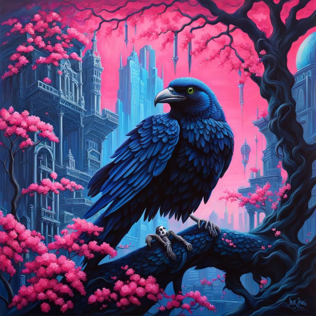 Mermaidpunk Raven in Arcology City Ruins Oil Painting