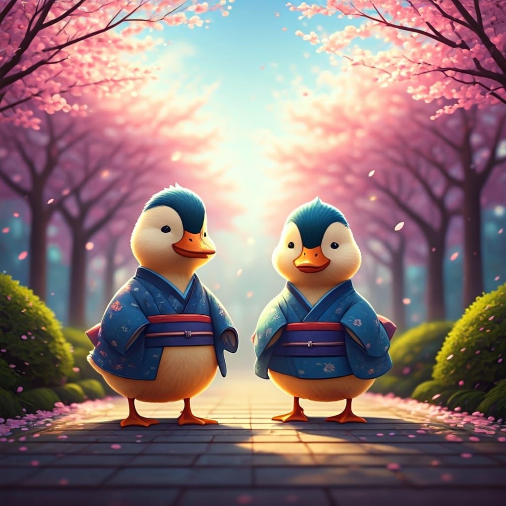 Dancing Ducks in Kimonos Under Cherry Blossoms