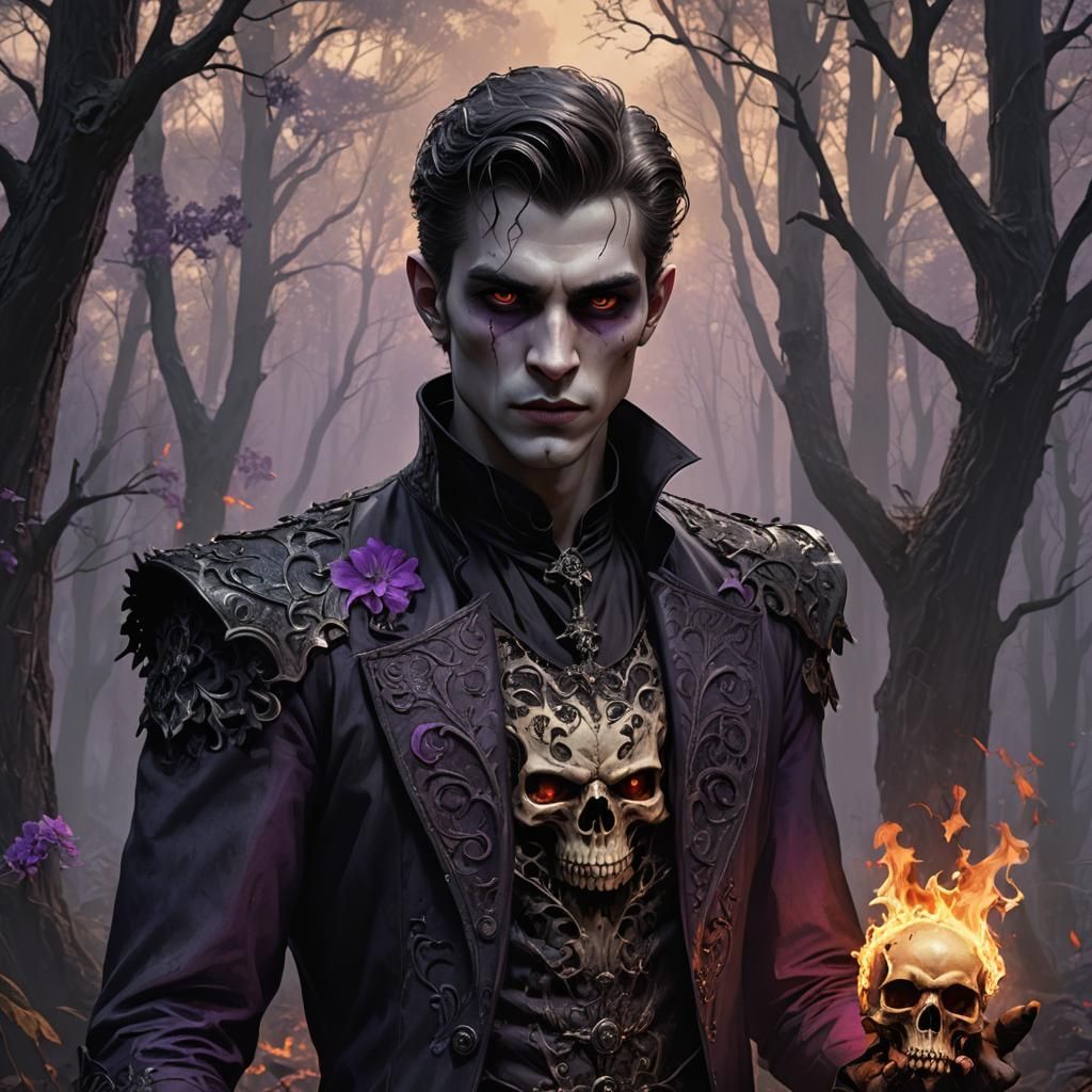 Vampire with Flaming Skull in Gothic Style
