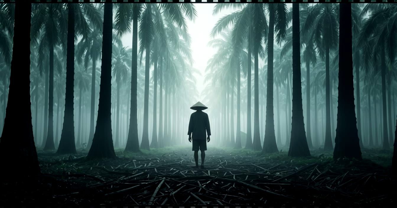 Vietnamese Farmer Silhouette in Misty Palm Grove