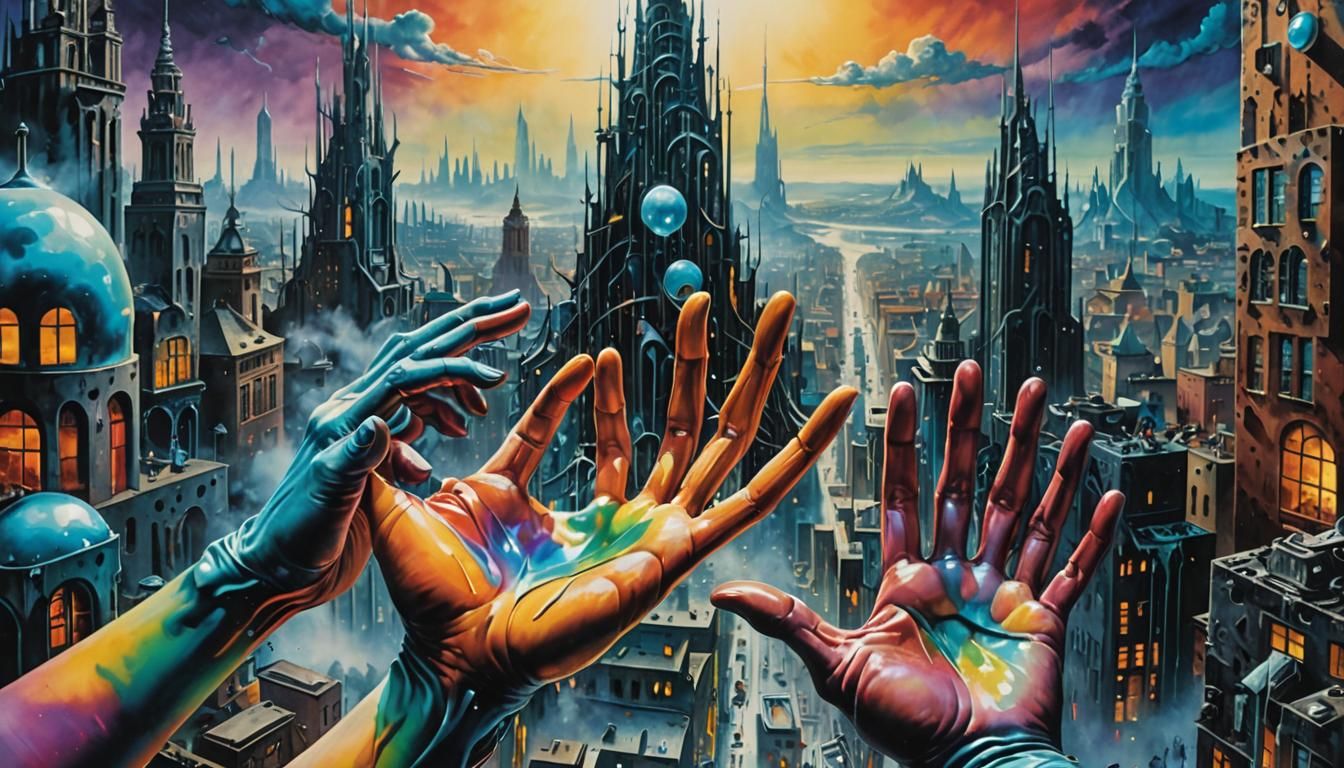Surreal Holographic Hands over Futuristic Cityscape