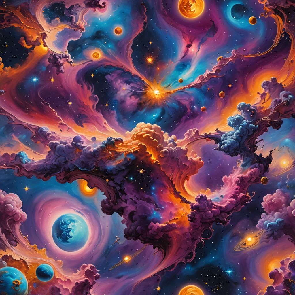 Cosmic Skyline: Surreal Galaxies in Melting Oil