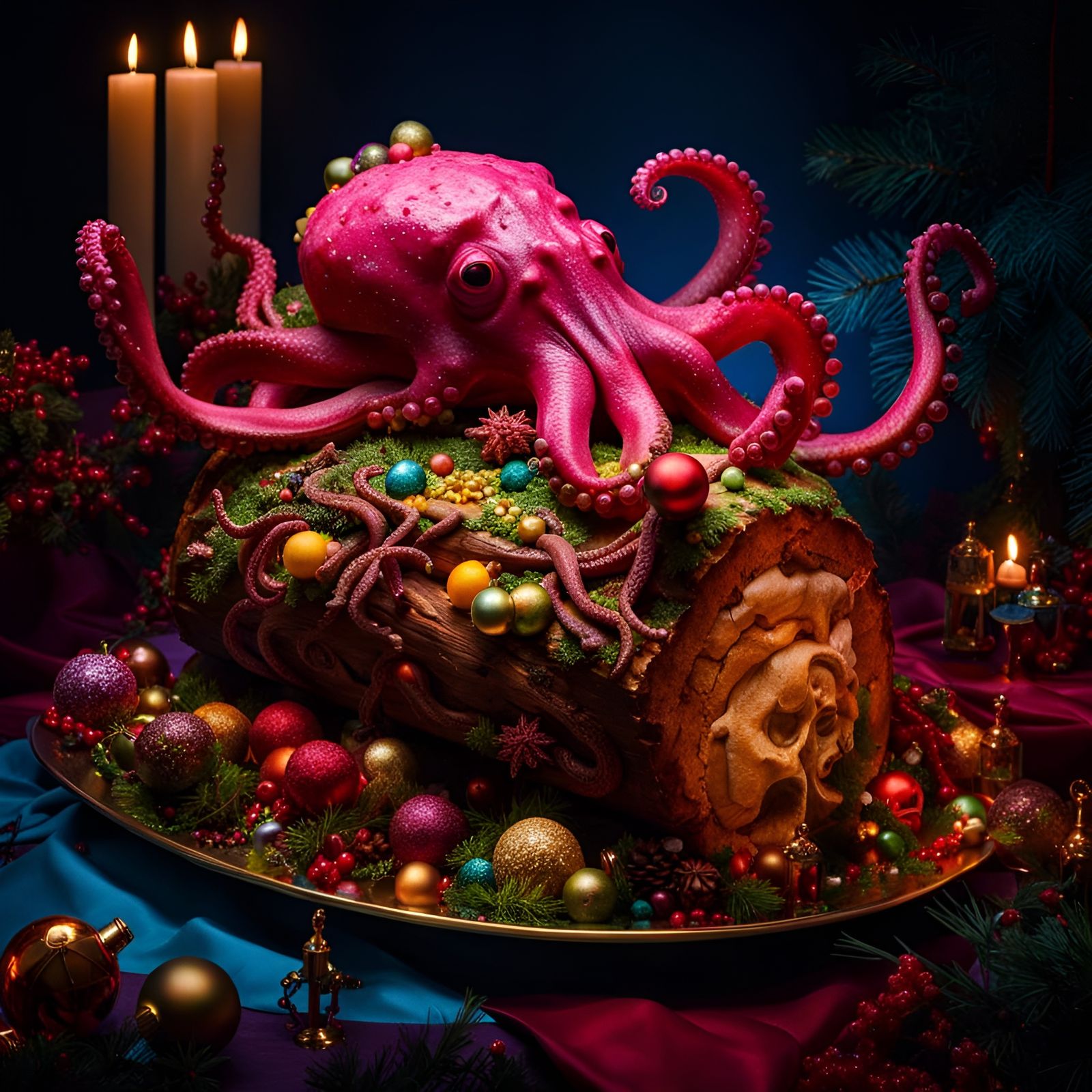 Surreal Christmas Cake with Octopus and Blobfish