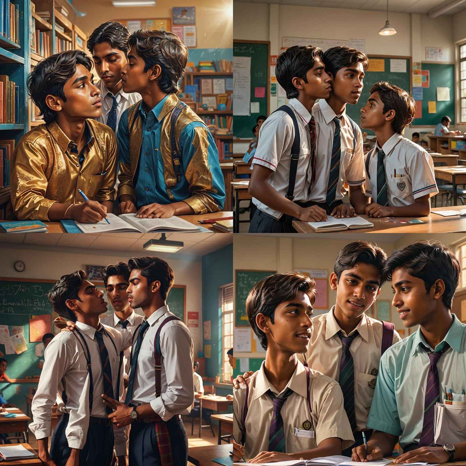 Hyperrealistic Schoolboys Kissing: Detailed Concept Art
