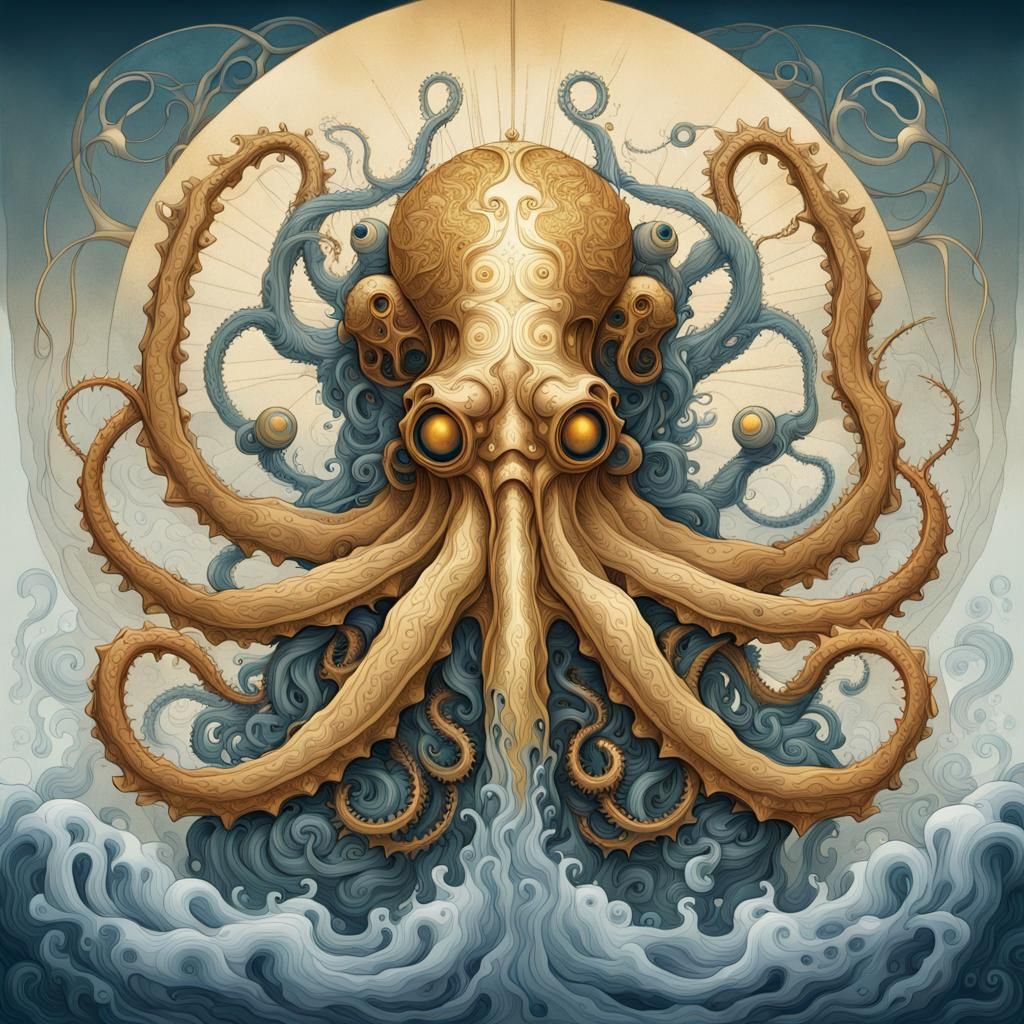 Mechanical Kraken Ink Illustration with Liquid Detailing