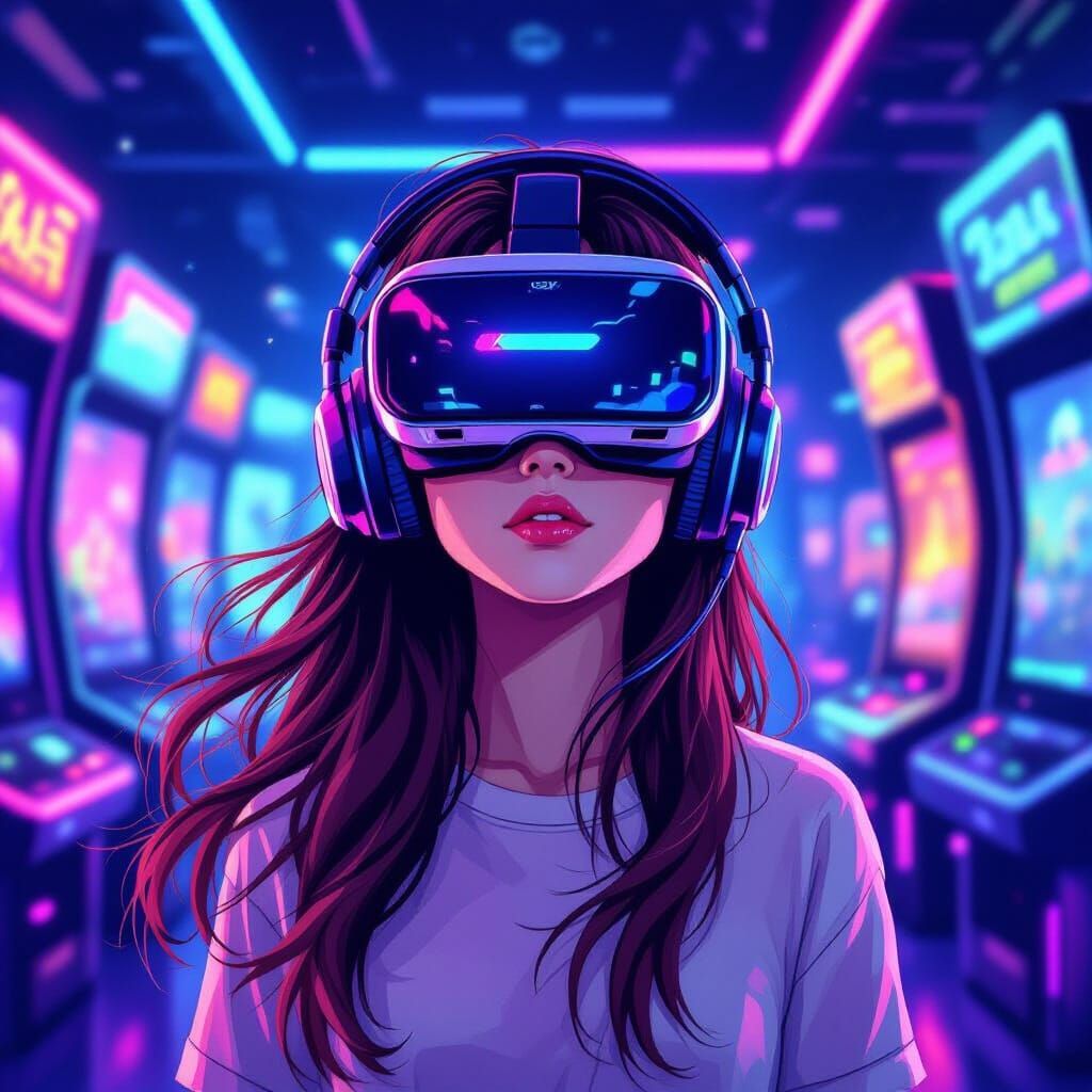 Anime Girl in VR Arcade with Neon Lighting