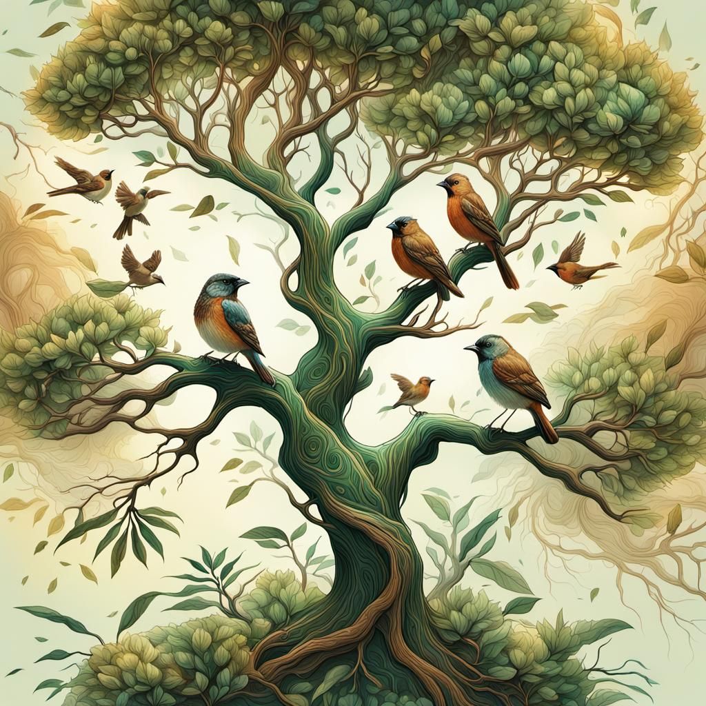Hand-Drawn Tree with Birds in Fantasy Style