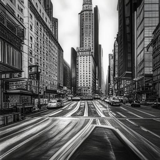 Hyperdetailed Charcoal Drawing of New York City Street