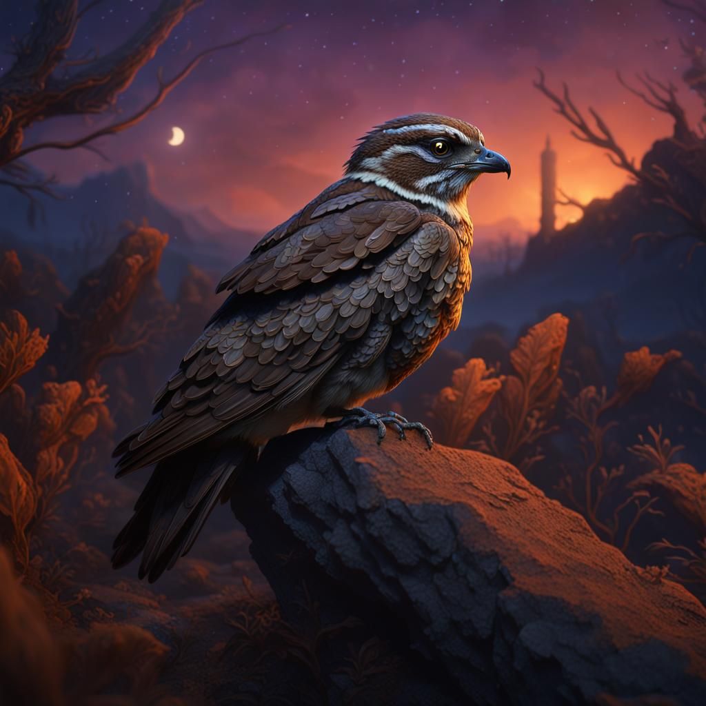 Handsome Nightjar Waits at Dusk: Detailed Matte Painting