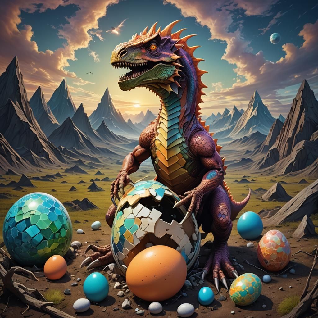 Surreal Dinosaur Dragon Hatching in Chromatic Landscape