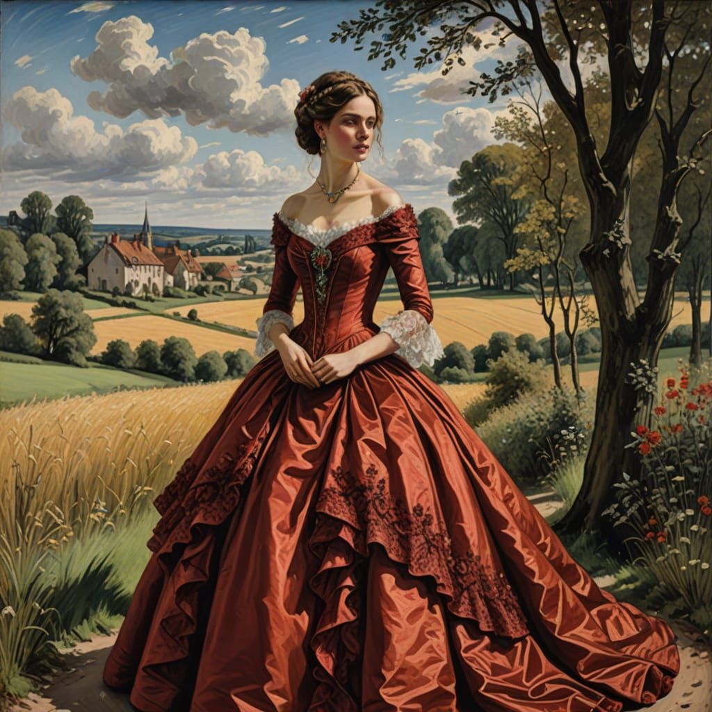 Elegant Woman in Red Ballgown with Opulent Jewelry