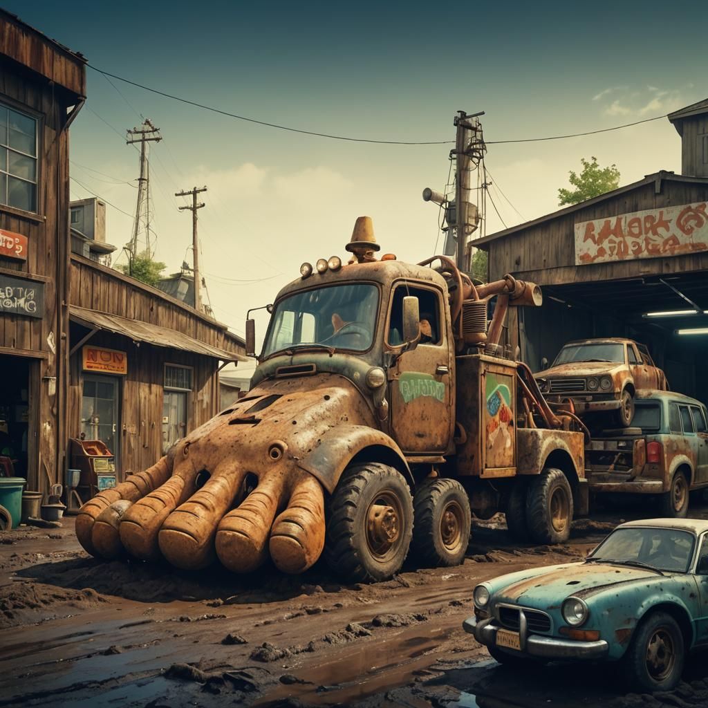 Foot-Shaped Tow Truck in Surrealist Style