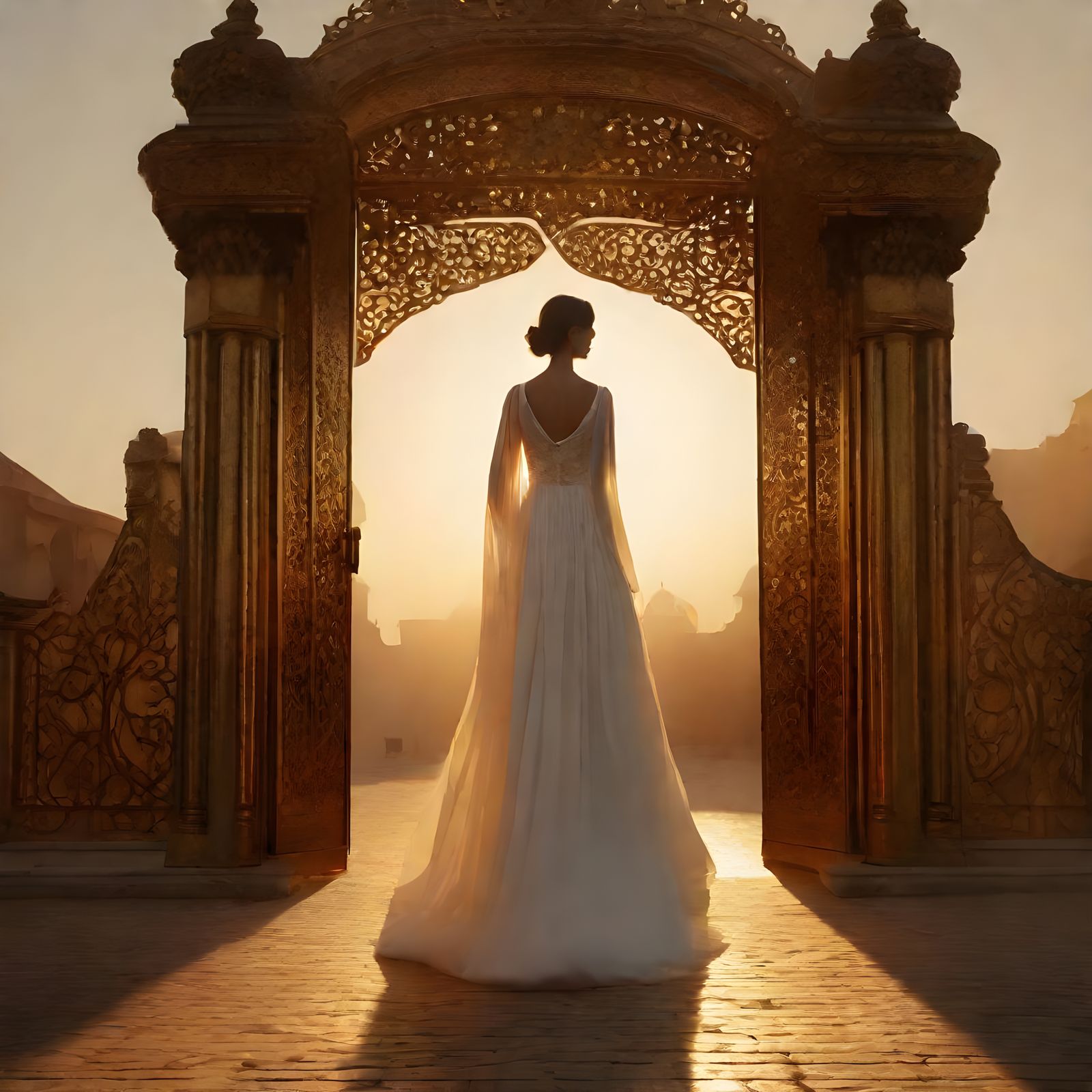 Woman in White Enters a Gigantic Gate