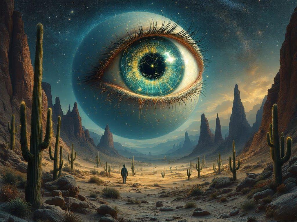 Surreal Eye Floats Above Desert Landscape