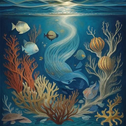 Deep Sea Ocean Creatures in Classical Painting Style