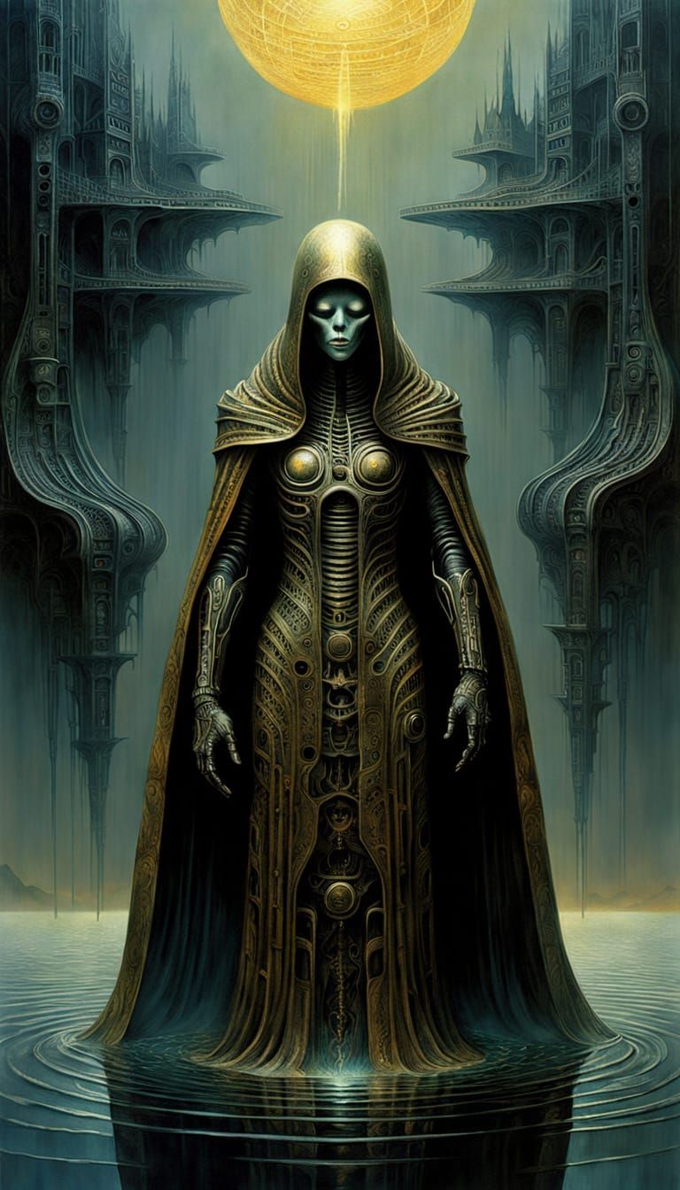 Biomechanical Goddess Rising from a Golden Lake