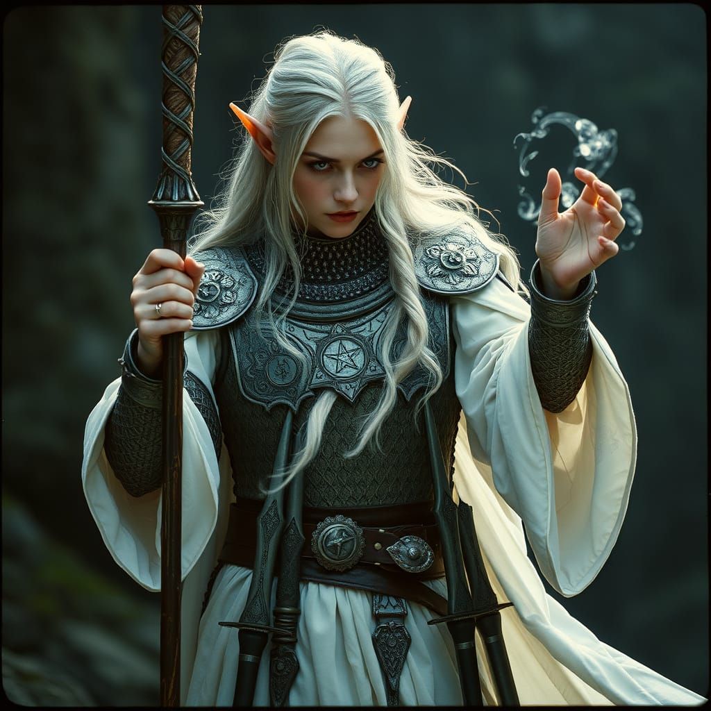 Ethereal Elven Wizard in Mithral Armor Casting Divination Sp...