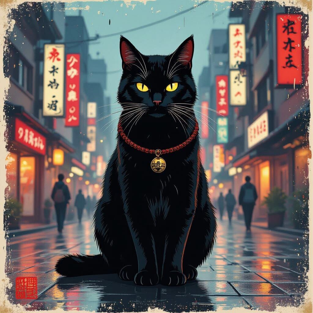 Samurai Cat in Tokyo Streets Ukiyo-e Style