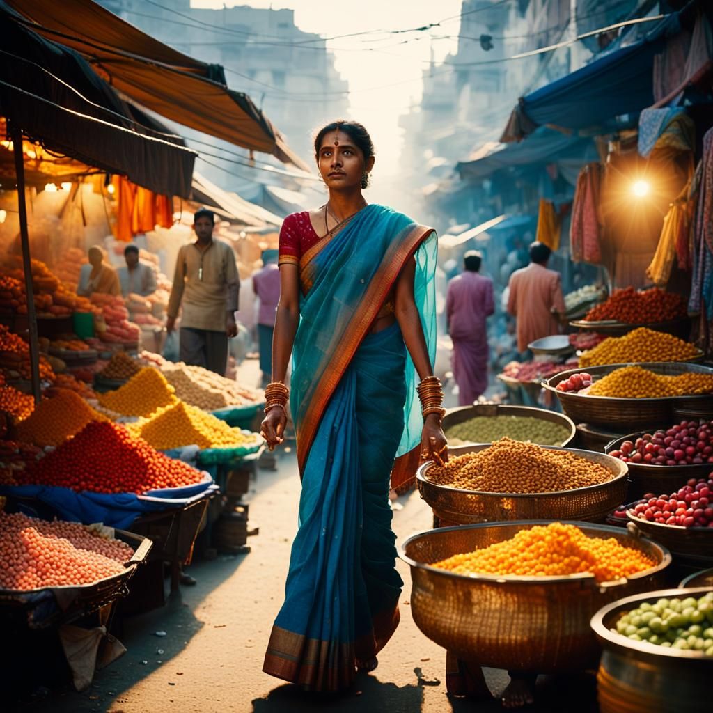 Vibrant Sari in Bustling Indian Street Market
