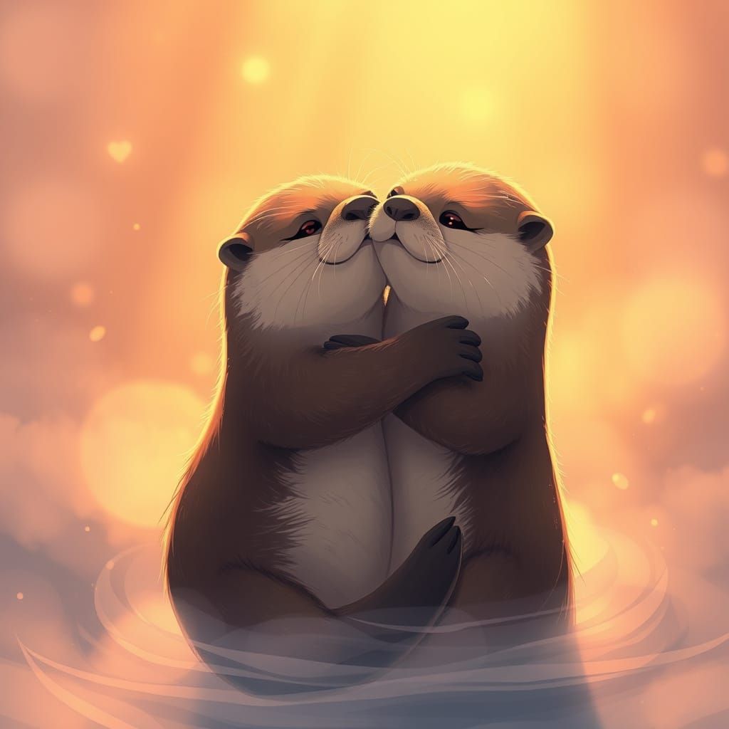 Ethereal Otters in Tender Hug, Soft Golden Light