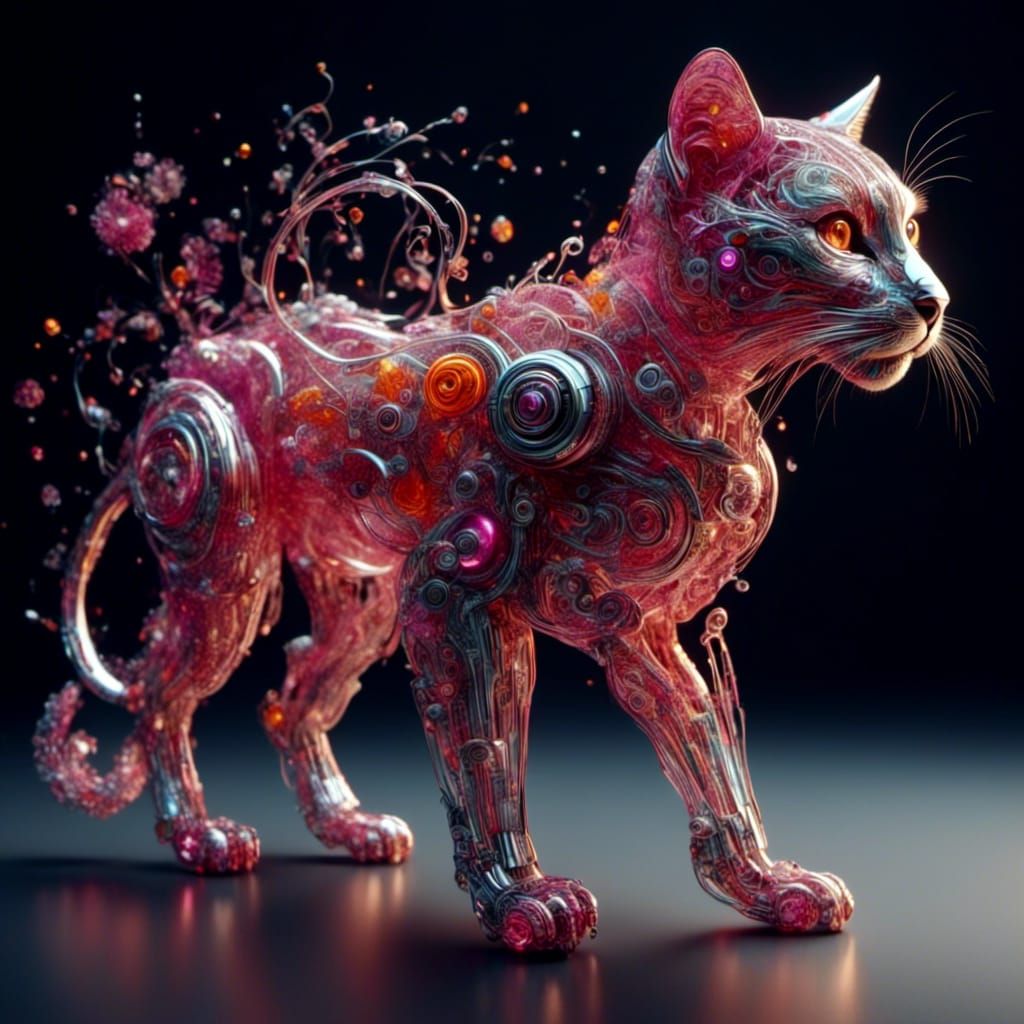 Photorealistic Cyborg Cat-Lion with Crystal Ribbons