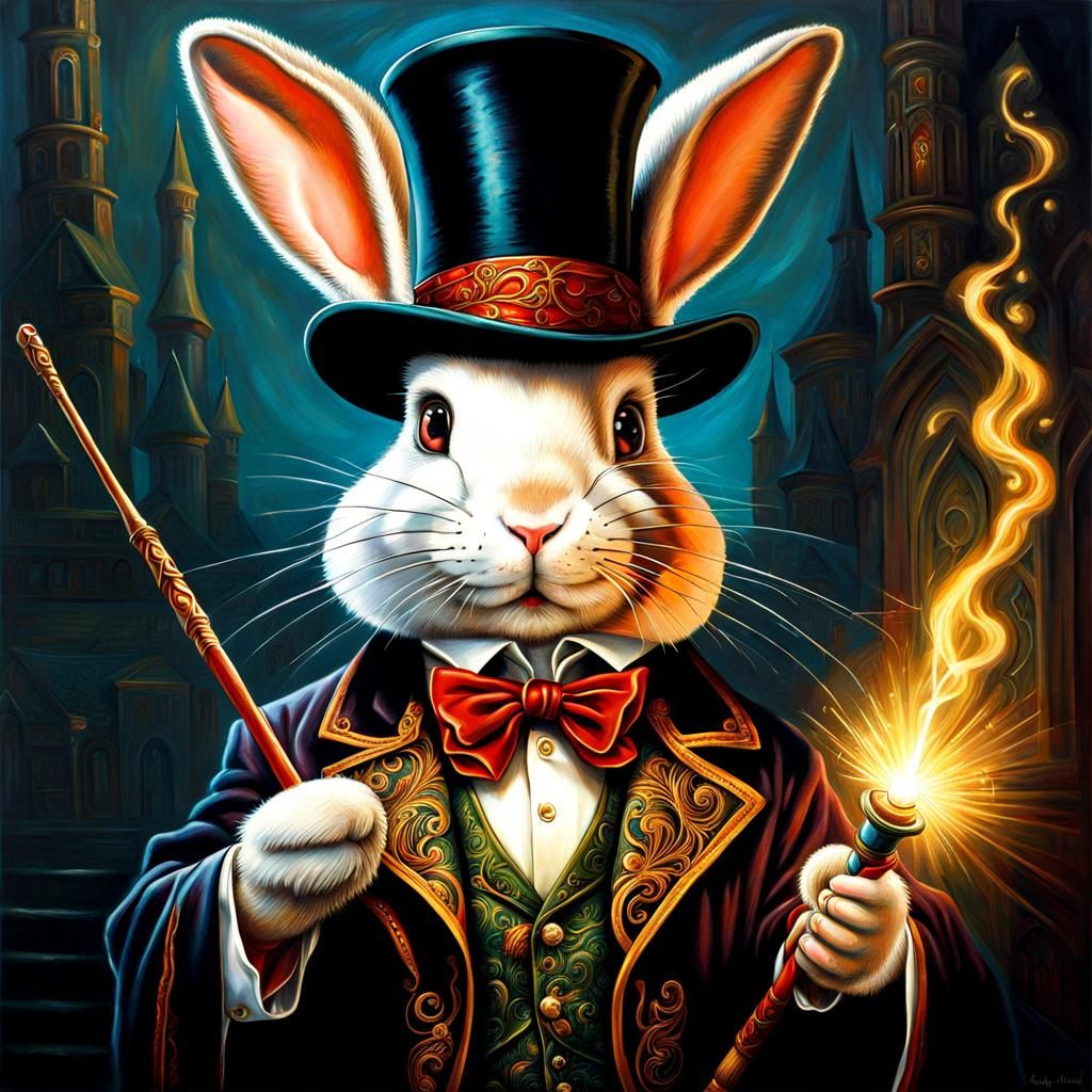 Bunny Sorcerer Casting Spell: Detailed Oil Painting