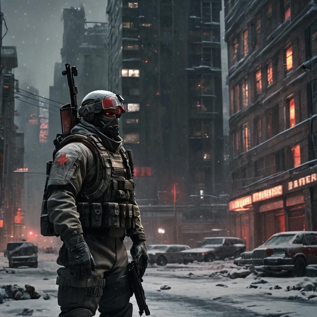 Dystopian Soldier in Snow-Covered Sci-Fi City