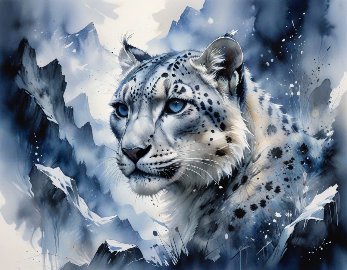 Snow Leopard in Misty Himalayan Pass: Sumi Ink Art